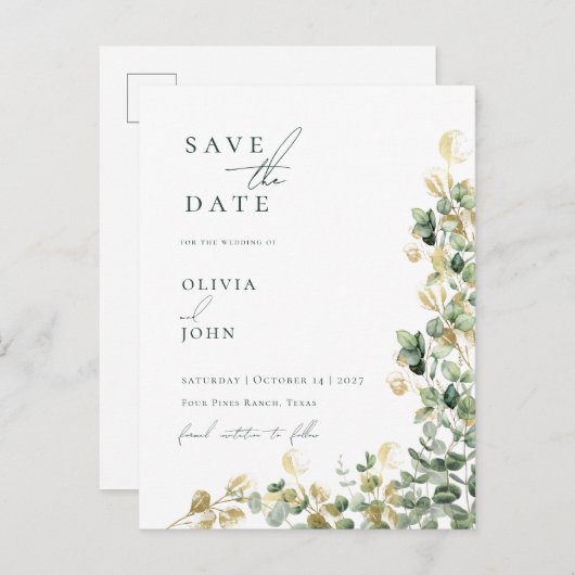 Elegante moderne eucalyptusbruiloft Save the Date Aankondigingskaart (Voorkant / Achterkant)
