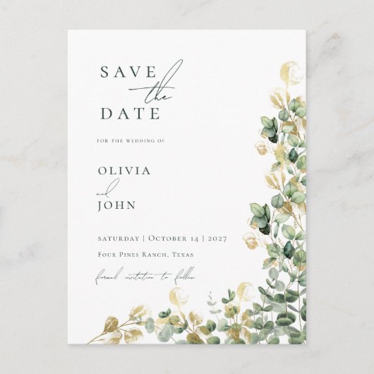 Elegante moderne eucalyptusbruiloft Save the Date Aankondigingskaart (Voorkant)