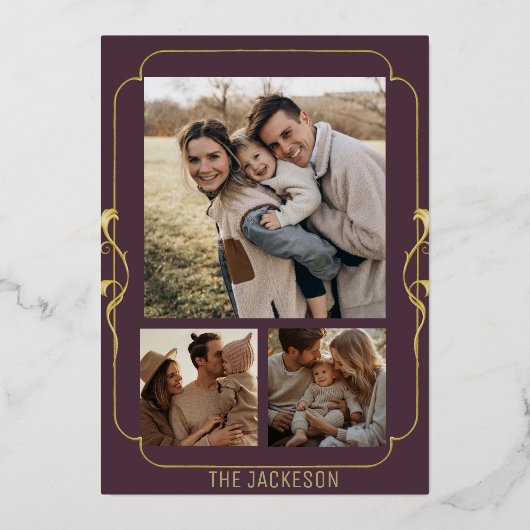 Elegante moderne familiefotokaart met goudfolie folie feestdagenkaart (Voorkant)