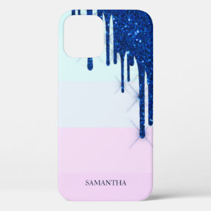 Elegante Moderne Gestreepte, Blauwe Glitter Druppe iPhone 12 Hoesje