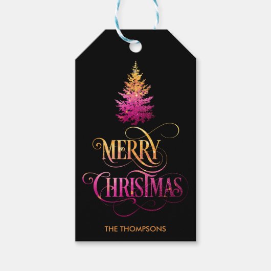 Elegante moderne glitter dennenboom vrolijk kerstf cadeaulabel (Voorkant)