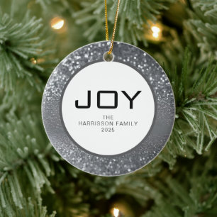 Elegante moderne Glitter Joy Kerstmis Familie Foto Keramisch Ornament