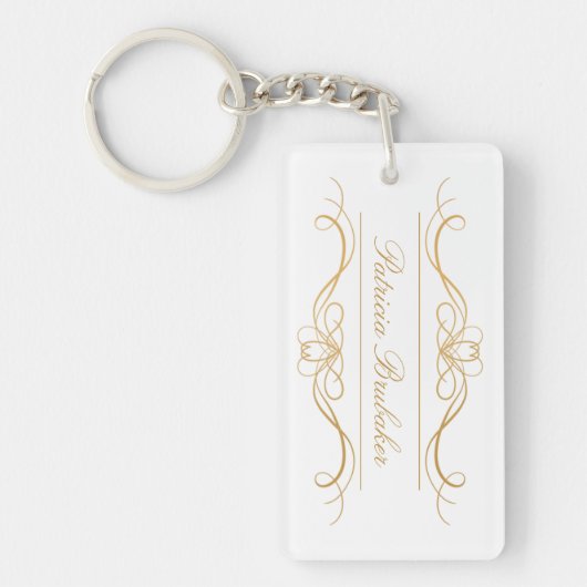 Elegante moderne gouden en witte aangepaste script sleutelhanger (Voorkant)
