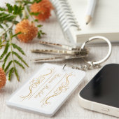 Elegante moderne gouden en witte aangepaste script sleutelhanger (Voorkant Rechts)