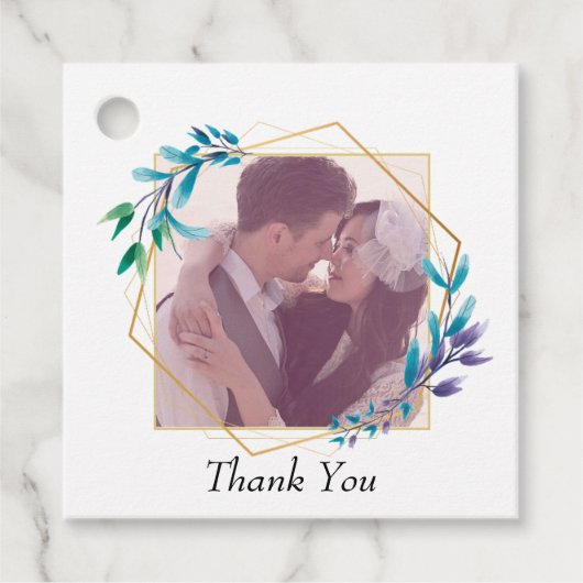 Elegante moderne gouden geometrische & blad bruilo bedankjes labels (Voorkant)