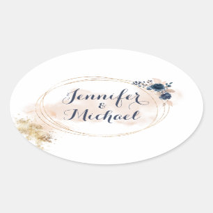 Elegante moderne gouden lijst perzikblauwe bloemen ovale sticker