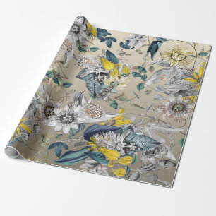 Elegante moderne Goudgrijs Geel Bloemen Cadeaupapier