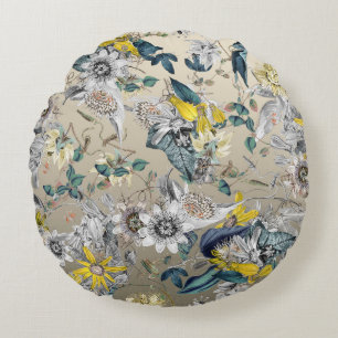 Elegante moderne  Goudgrijs Geel Bloemen Rond Kussen