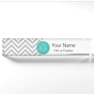 Elegante moderne grijze chevron en mint monogram naambordje