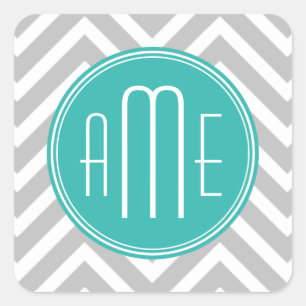 Elegante Moderne Grijze Chevron en Mint Monogram Vierkante Sticker