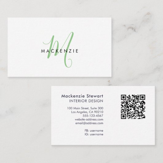 Elegante moderne groene script monogram QR-code Visitekaartje (Voorkant / Achterkant)