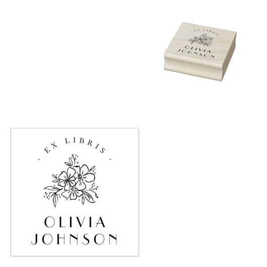 Elegante moderne handgetekende bloem Ex Libris op Rubberstempel (Gestempeld)