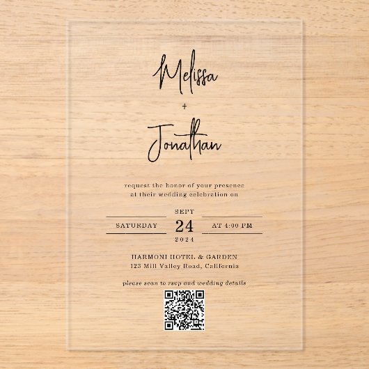 Elegante moderne handschrift script QR code bruilo Acryl Uitnodigingen (Voorkant)