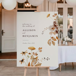 Elegante moderne herfst bloem houten trouwbord poster