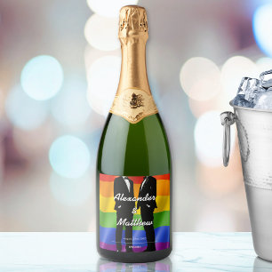 Elegante moderne homoseksuele mannen trouwen regen sparkling wijnetiket