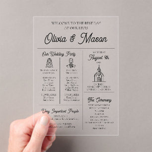 Elegante moderne infographic acryl bruiloft progra acryl uitnodigingen