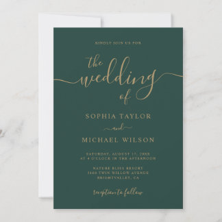 Elegante moderne kalligrafie Emerald & Gold Weddin Kaart