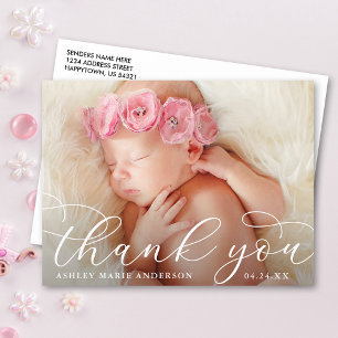 Elegante moderne kalligrafie nieuwe baby dank je briefkaart