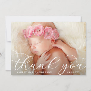 Elegante moderne kalligrafie nieuwe babyfoto bedankkaart