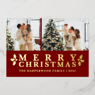 Elegante moderne kerst familie twee foto folie feestdagenkaart