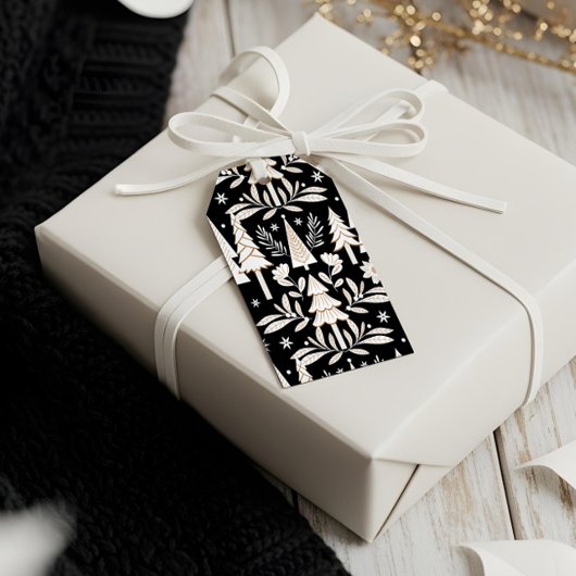 Elegante moderne kerst groenblijvende bomen en blo cadeaulabel