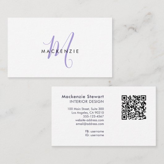 Elegante moderne lavendel script monogram QR-code Visitekaartje (Voorkant / Achterkant)
