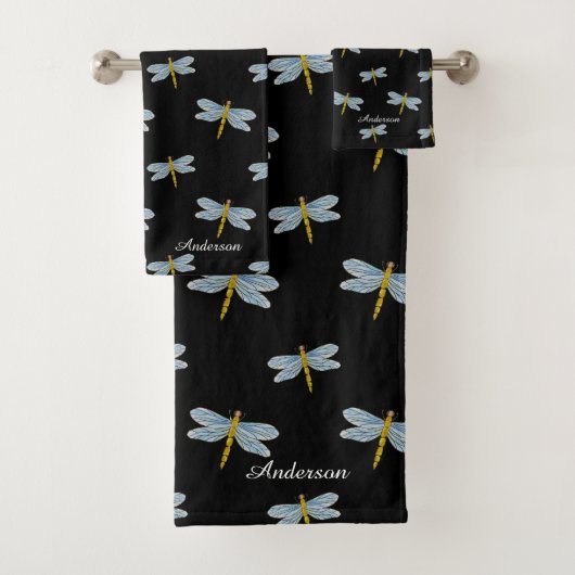 Elegante moderne libellen en schrift op zwart bad handdoek (Insitu)