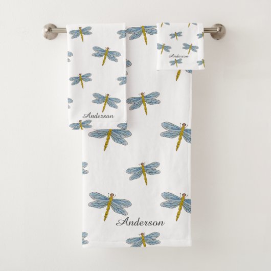 Elegante moderne libellen en script op wit bad handdoek (Insitu)