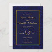 Elegante moderne marine blauw en gouden script bru kaart (Voorkant)