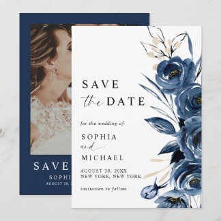 Elegante moderne marineblauwe bloem- en fotohuweli save the date