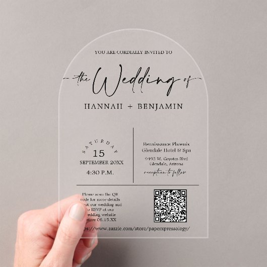 Elegante moderne minimale script bruiloft boog QR- Acryl Uitnodigingen (Insitu (Draagbaar))