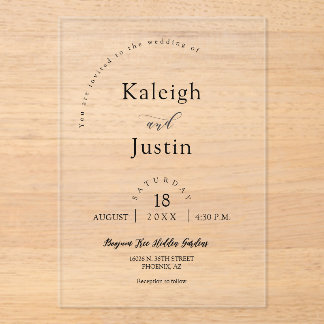 Elegante moderne minimalistische Boho Arch bruilof Acryl Uitnodigingen