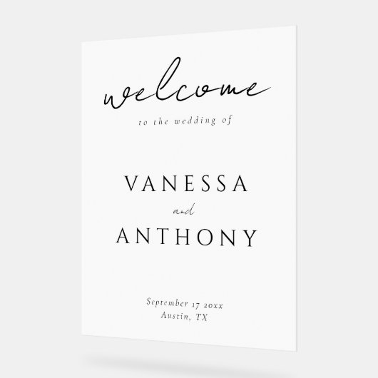 Elegante moderne minimalistische bruiloft welkom acryl bord (Hoek)