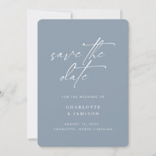 Elegante moderne minimalistische script blauwe fot save the date