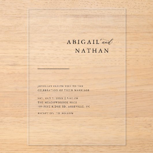 Elegante moderne minimalistische zwarte bruiloft d acryl uitnodigingen (Voorkant)