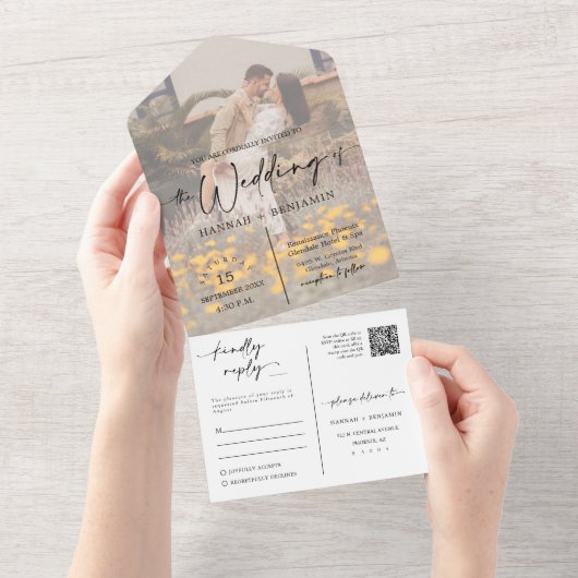 Elegante moderne Mocha Mousse Arch QR Code Foto All In One Uitnodiging (Afscheurbaar)