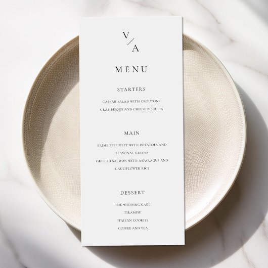 Elegante moderne monogram zwart-wit bruiloft menu