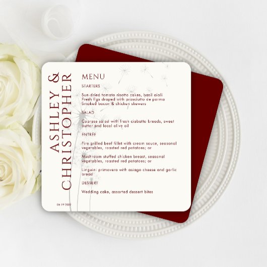 Elegante moderne paardenbloem Crimson rode bruilof Menu