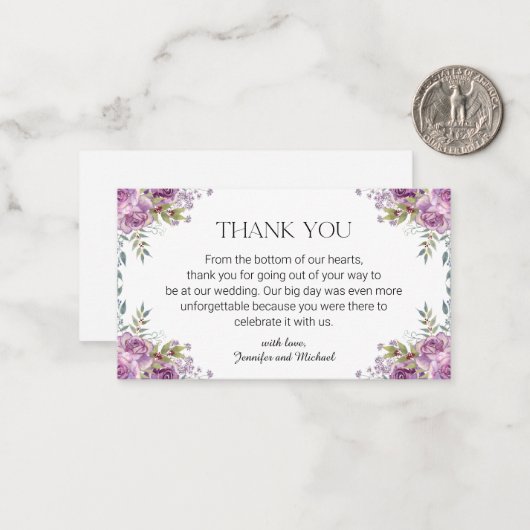Elegante moderne paarse bloemenbruiloft dank u notitiekaartje (Voorkant / Achterkant in situ)