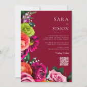 elegante moderne QR-code florale bourgogne bruilof Kaart (Voorkant)