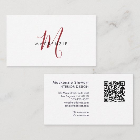Elegante moderne rode script monogram QR-code Visitekaartje (Voorkant / Achterkant)