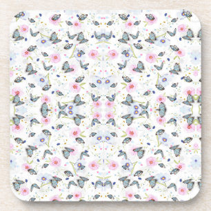 elegante moderne roze en blauwe vlinder en bloemen bier onderzetter