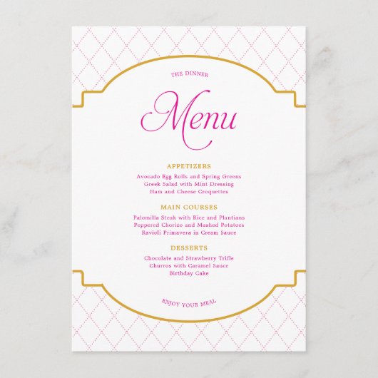 Elegante moderne roze gouden diamanten patroon par menu (Voorkant)