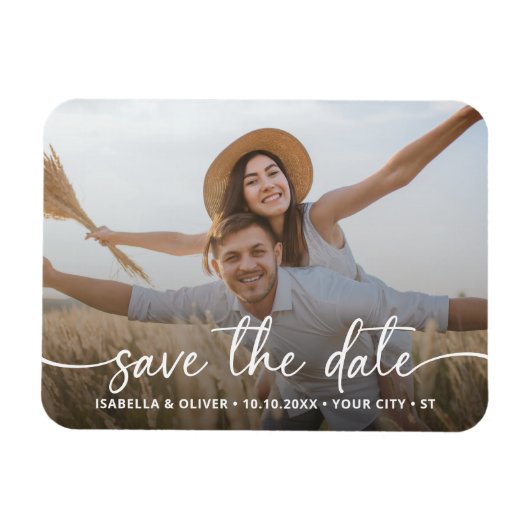 Elegante moderne script foto save the date magneet (Horizontaal)