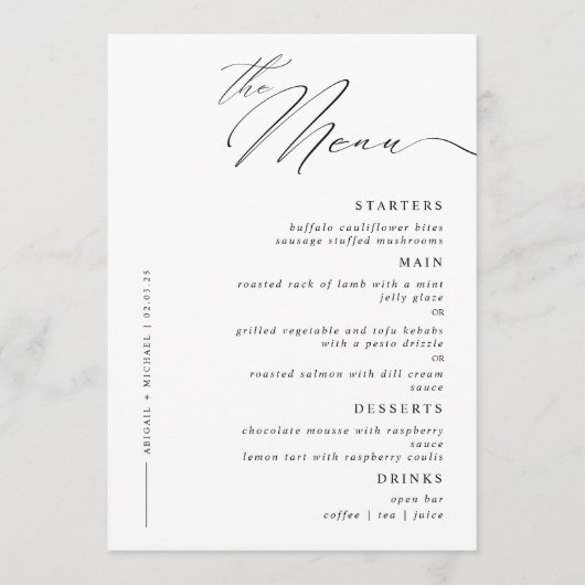 Elegante moderne script kalligrafie bruiloft diner menu (Voorkant)