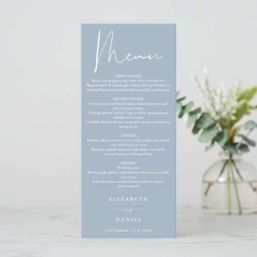 Elegante moderne script stoffige blauwe bruiloft d menu (Staand voorkant)