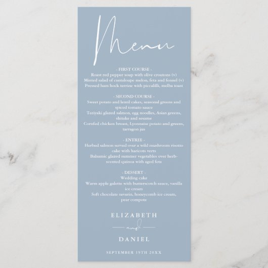 Elegante moderne script stoffige blauwe bruiloft d menu (Voorkant)