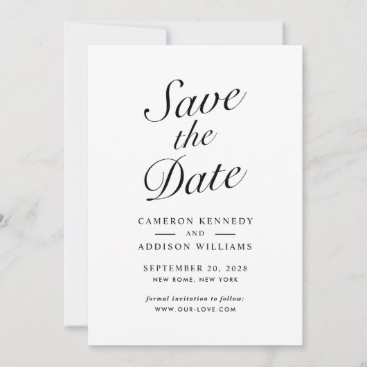 Elegante moderne script zwart + wit Save The Date Feestdagenkaart (Voorkant)