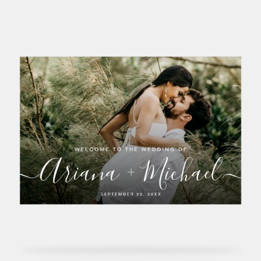 Elegante moderne scriptnamen Custom Photo Wedding Acryl Bord (Voorkant)