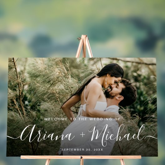 Elegante moderne scriptnamen Custom Photo Wedding Acryl Bord (Neutraal)